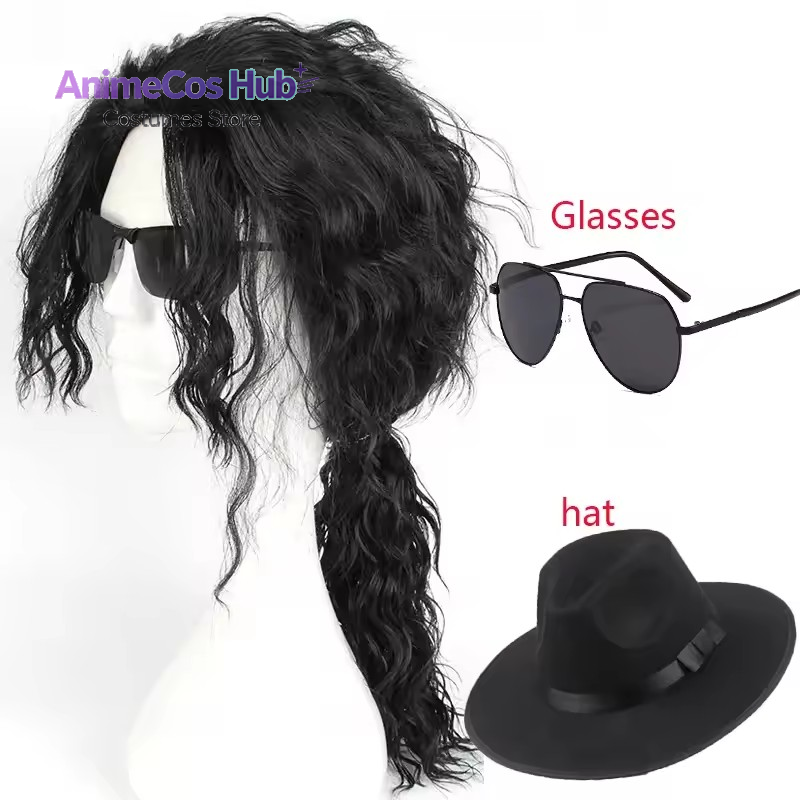 Anime Cosplay Long Black Hair - Perruque noire mi-longue bouclée pour cosplay